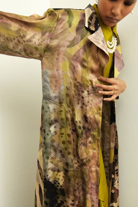 Shop OFRIDA Multi Color Dress Raw , Jacket Gajji Tropizeylo Print Trench With Online at Aza Fashions Shop_OFRIDA_Multi Color Dress Raw , Jacket Gajji Tropizeylo Print Trench With_Online_at_Aza_Fashions