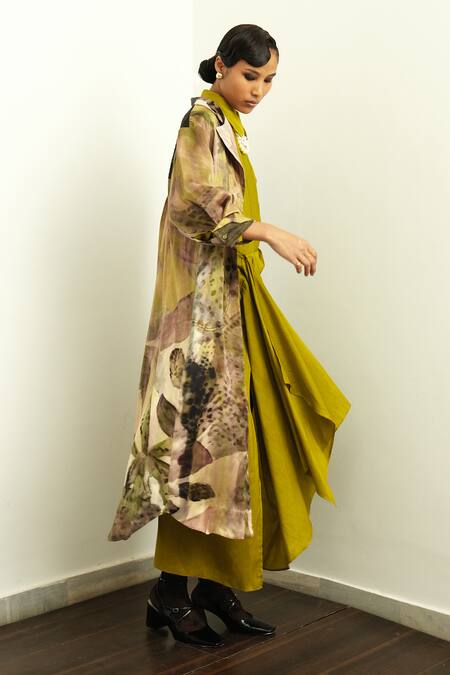 OFRIDA Multi Color Dress Raw , Jacket Gajji Tropizeylo Print Trench With at Aza Fashions OFRIDA_Multi Color Dress Raw , Jacket Gajji Tropizeylo Print Trench With_at_Aza_Fashions