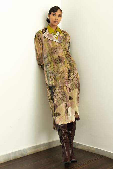 Buy OFRIDA Multi Color Dress Raw , Jacket Gajji Tropizeylo Print Trench With Buy_OFRIDA_Multi Color Dress Raw , Jacket Gajji Tropizeylo Print Trench With