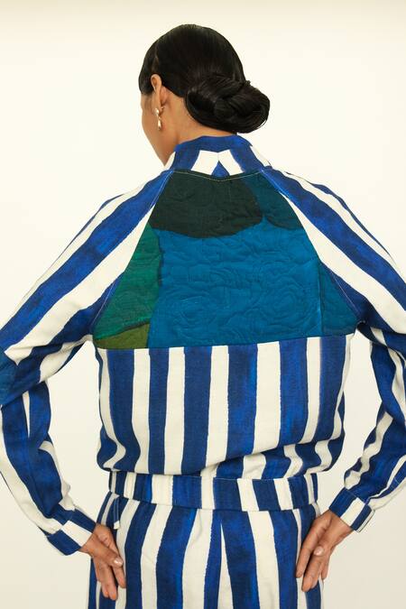 OFRIDA Blue Twill Linen Stripe Open Print Bomber Jacket And Pant Set Online at Aza Fashions OFRIDA_Blue Twill Linen Stripe Open Print Bomber Jacket And Pant Set _Online_at_Aza_Fashions