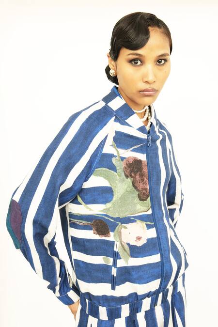 Buy OFRIDA Blue Twill Linen Stripe Open Print Bomber Jacket And Pant Set Online at Aza Fashions Buy_OFRIDA_Blue Twill Linen Stripe Open Print Bomber Jacket And Pant Set _Online_at_Aza_Fashions