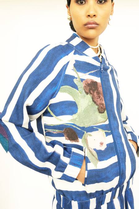 Shop OFRIDA Blue Twill Linen Stripe Open Print Bomber Jacket And Pant Set Online at Aza Fashions Shop_OFRIDA_Blue Twill Linen Stripe Open Print Bomber Jacket And Pant Set _Online_at_Aza_Fashions
