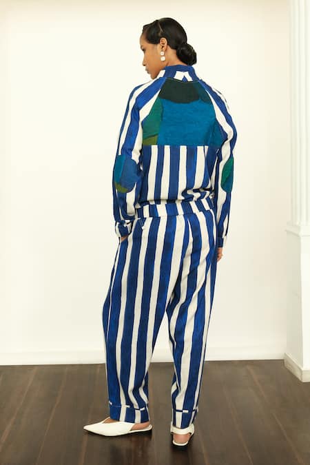 Shop OFRIDA Blue Twill Linen Stripe Open Print Bomber Jacket And Pant Set at Aza Fashions Shop_OFRIDA_Blue Twill Linen Stripe Open Print Bomber Jacket And Pant Set _at_Aza_Fashions