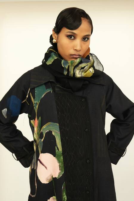 Shop OFRIDA Multi Color Overlay Twill Linen, Shirt And Pant Cotton Silk Print Trench Set Online at Aza Fashions Shop_OFRIDA_Multi Color Overlay Twill Linen, Shirt And Pant Cotton Silk Print Trench Set_Online_at_Aza_Fashions