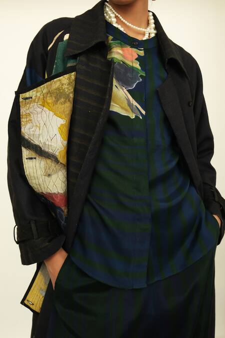 OFRIDA Multi Color Overlay Twill Linen, Shirt And Pant Cotton Silk Print Trench Set at Aza Fashions OFRIDA_Multi Color Overlay Twill Linen, Shirt And Pant Cotton Silk Print Trench Set_at_Aza_Fashions