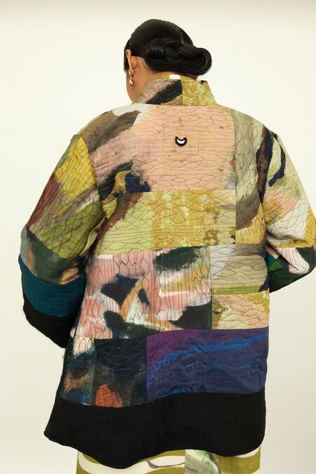 OFRIDA Multi Color Cotton, Silk, Linen Round Patchwork Print Jacket With Stripe Dress Online at Aza Fashions OFRIDA_Multi Color Cotton, Silk, Linen Round Patchwork Print Jacket With Stripe Dress _Online_at_Aza_Fashions