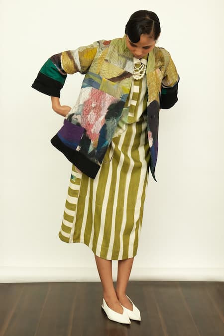 Shop OFRIDA Multi Color Cotton, Silk, Linen Round Patchwork Print Jacket With Stripe Dress Online at Aza Fashions Shop_OFRIDA_Multi Color Cotton, Silk, Linen Round Patchwork Print Jacket With Stripe Dress _Online_at_Aza_Fashions