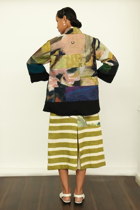 Shop OFRIDA Multi Color Cotton, Silk, Linen Round Patchwork Print Jacket With Stripe Dress at Aza Fashions Shop_OFRIDA_Multi Color Cotton, Silk, Linen Round Patchwork Print Jacket With Stripe Dress _at_Aza_Fashions