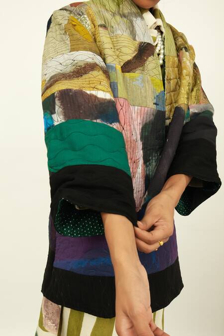 OFRIDA Multi Color Cotton, Silk, Linen Round Patchwork Print Jacket With Stripe Dress at Aza Fashions OFRIDA_Multi Color Cotton, Silk, Linen Round Patchwork Print Jacket With Stripe Dress _at_Aza_Fashions