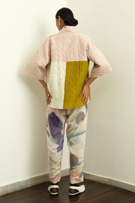 Shop OFRIDA Multi Color Jacket Raw Silk, Shirt And Pant Muslin Poem Pattern Kimono Set at Aza Fashions Shop_OFRIDA_Multi Color Jacket Raw Silk, Shirt And Pant Muslin Poem Pattern Kimono Set_at_Aza_Fashions