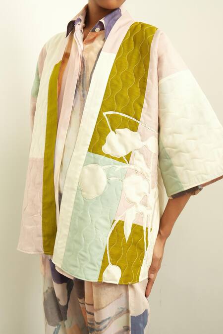 OFRIDA Multi Color Jacket Raw Silk, Shirt And Pant Muslin Poem Pattern Kimono Set Online at Aza Fashions OFRIDA_Multi Color Jacket Raw Silk, Shirt And Pant Muslin Poem Pattern Kimono Set_Online_at_Aza_Fashions
