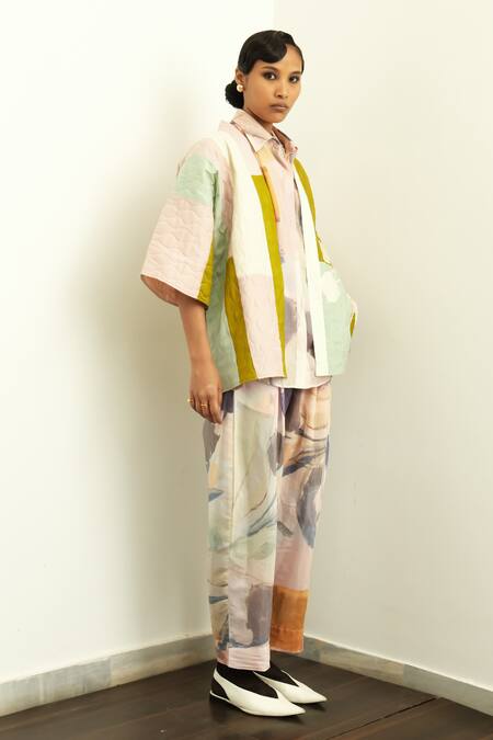 Buy OFRIDA Multi Color Jacket Raw Silk, Shirt And Pant Muslin Poem Pattern Kimono Set Online at Aza Fashions Buy_OFRIDA_Multi Color Jacket Raw Silk, Shirt And Pant Muslin Poem Pattern Kimono Set_Online_at_Aza_Fashions