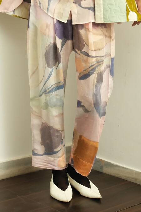 Shop OFRIDA Multi Color Jacket Raw Silk, Shirt And Pant Muslin Poem Pattern Kimono Set Online at Aza Fashions Shop_OFRIDA_Multi Color Jacket Raw Silk, Shirt And Pant Muslin Poem Pattern Kimono Set_Online_at_Aza_Fashions