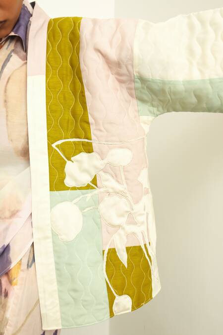 OFRIDA Multi Color Jacket Raw Silk, Shirt And Pant Muslin Poem Pattern Kimono Set at Aza Fashions OFRIDA_Multi Color Jacket Raw Silk, Shirt And Pant Muslin Poem Pattern Kimono Set_at_Aza_Fashions