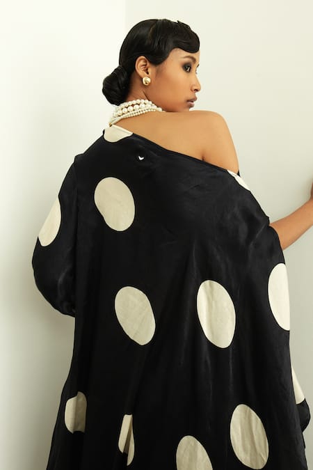 Shop OFRIDA Beige Gajji Silk Polka Dot Asymmetric Print Draped Dress at Aza Fashions Shop_OFRIDA_Beige Gajji Silk Polka Dot Asymmetric Print Draped Dress _at_Aza_Fashions