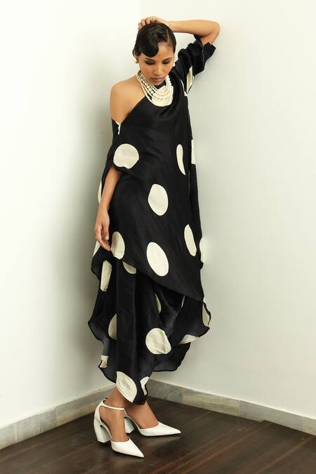 Buy OFRIDA Beige Gajji Silk Polka Dot Asymmetric Print Draped Dress Online at Aza Fashions Buy_OFRIDA_Beige Gajji Silk Polka Dot Asymmetric Print Draped Dress _Online_at_Aza_Fashions
