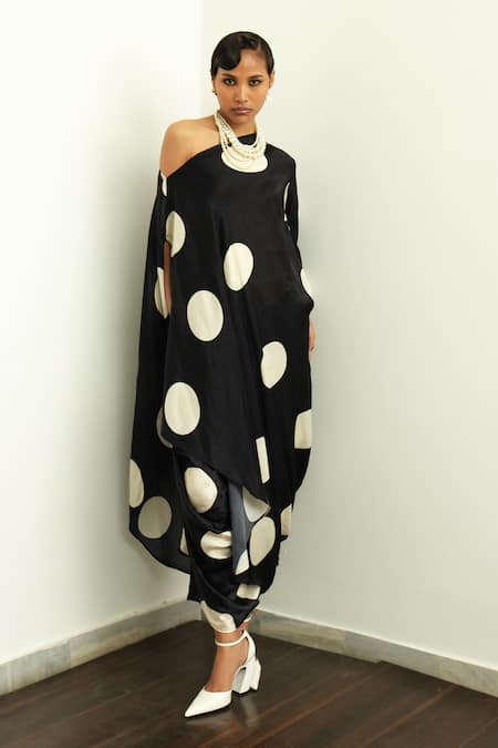 Shop_OFRIDA_Beige Gajji Silk Polka Dot Print Draped Skirt _at_Aza_Fashions