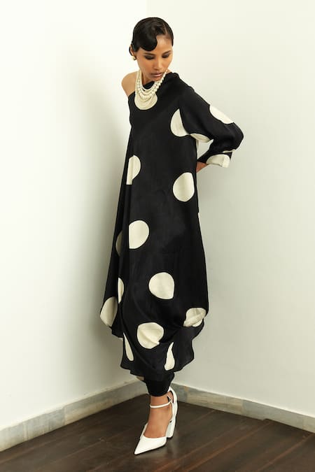 OFRIDA_Beige Gajji Silk Polka Dot Print Draped Skirt _Online_at_Aza_Fashions