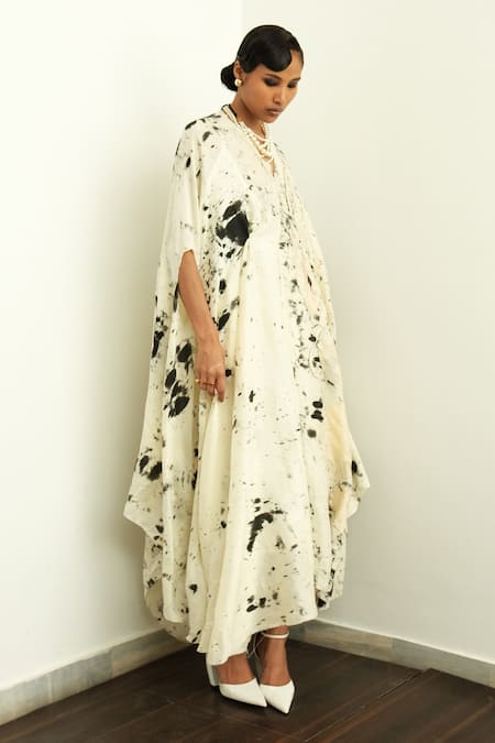 OFRIDA Beige Silk V-neck Splash Hand Painted Draped Maxi Dress Online at Aza Fashions OFRIDA_Beige Silk V-neck Splash Hand Painted Draped Maxi Dress _Online_at_Aza_Fashions