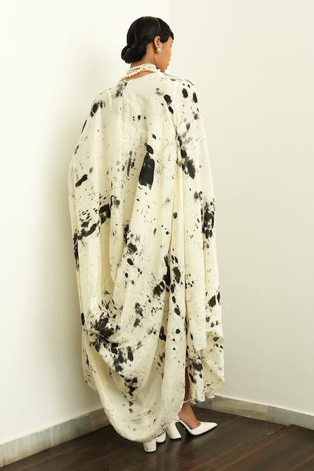 Shop OFRIDA Beige Silk V-neck Splash Hand Painted Draped Maxi Dress at Aza Fashions Shop_OFRIDA_Beige Silk V-neck Splash Hand Painted Draped Maxi Dress _at_Aza_Fashions