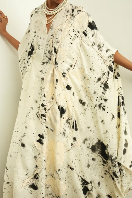 Buy OFRIDA Beige Silk V-neck Splash Hand Painted Draped Maxi Dress Online at Aza Fashions Buy_OFRIDA_Beige Silk V-neck Splash Hand Painted Draped Maxi Dress _Online_at_Aza_Fashions