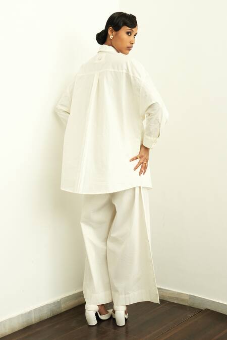 Shop_OFRIDA_Ivory Pant Poplin, Shirt 100% Starkiss Embroidered And Set _at_Aza_Fashions