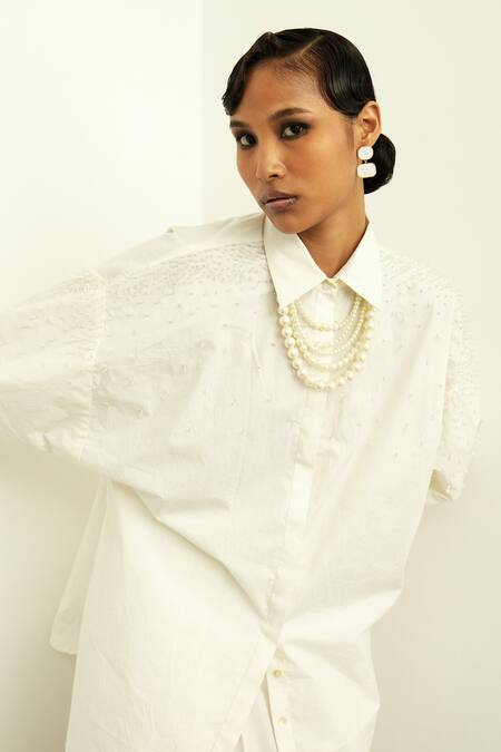 OFRIDA_Ivory Pant Poplin, Shirt 100% Starkiss Embroidered And Set _Online_at_Aza_Fashions