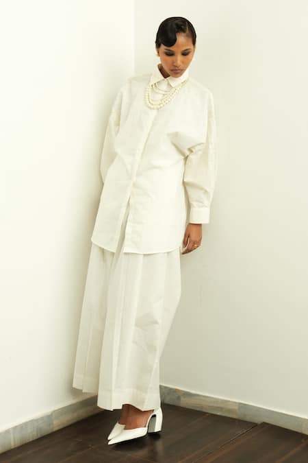 Shop_OFRIDA_Ivory Pant Poplin, Shirt 100% Starkiss Embroidered And Set _Online_at_Aza_Fashions