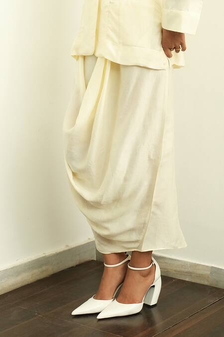 Buy OFRIDA Ivory Silk Applique V-neck 3d Rose Jacket And Draped Skirt Set Online at Aza Fashions Buy_OFRIDA_Ivory Silk Applique V-neck 3d Rose Jacket And Draped Skirt Set_Online_at_Aza_Fashions