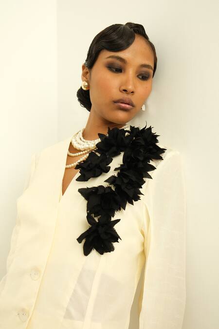 Shop_OFRIDA_Ivory Silk Applique V-neck 3d Rose Jacket And Draped Skirt Set_Online_at_Aza_Fashions