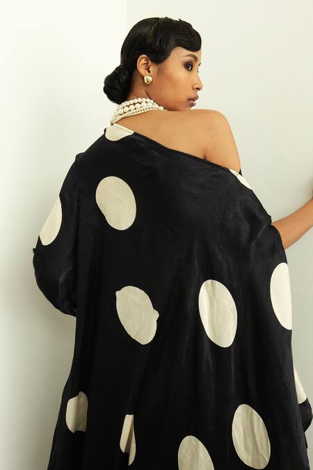 Shop_OFRIDA_Beige Gajji Silk Polka Dot Asymmetric Print Draped Dress With Skirt_at_Aza_Fashions