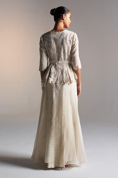 Osaa By Adarsh_White Organza Embroidery V-neck Bloom Top And Striped Skirt Set_Online_at_Aza_Fashions