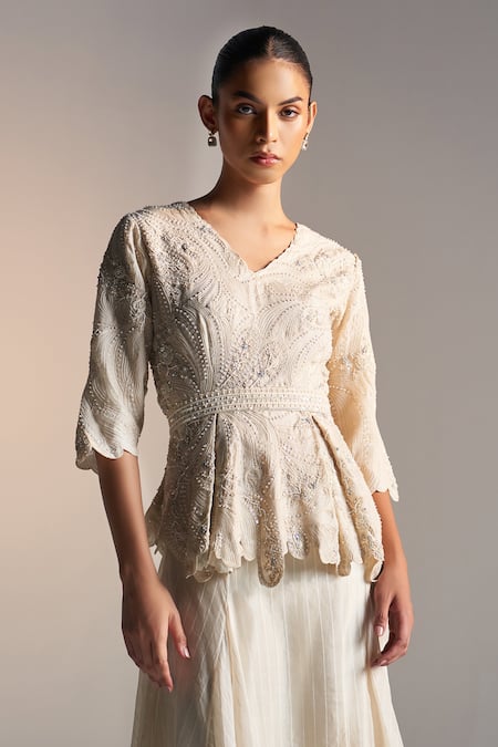 Buy_Osaa By Adarsh_White Organza Embroidery V-neck Bloom Top And Striped Skirt Set_Online_at_Aza_Fashions