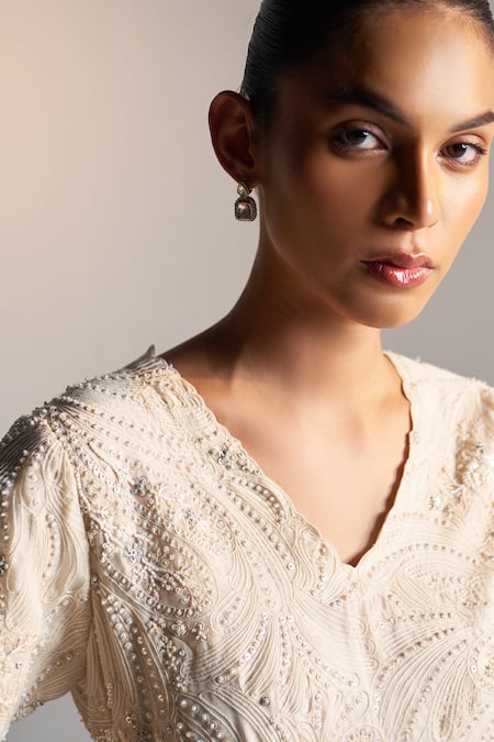 Shop_Osaa By Adarsh_White Organza Embroidery V-neck Bloom Top And Striped Skirt Set_Online_at_Aza_Fashions