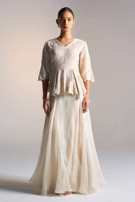 Osaa By Adarsh_White Organza Embroidery V-neck Bloom Top And Striped Skirt Set_at_Aza_Fashions
