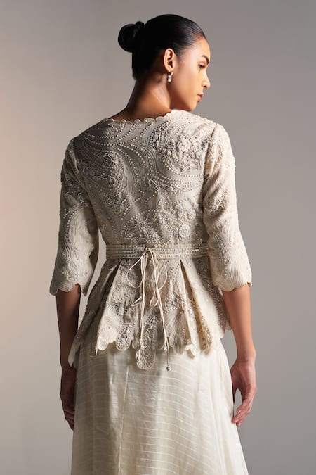 Buy_Osaa By Adarsh_White Organza Embroidery V-neck Bloom Top And Striped Skirt Set