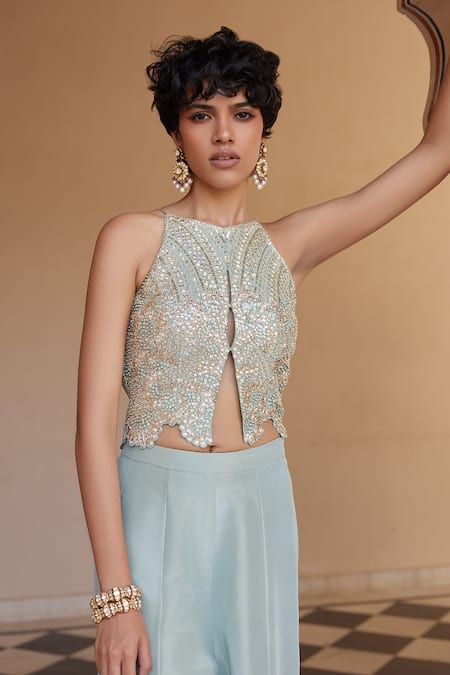 Osaa By Adarsh_Blue Tissue, Silk Zari, Embroidery Halter Neck Top And Flared Pant Set _Online_at_Aza_Fashions