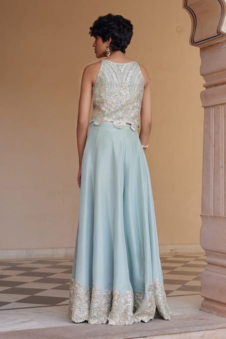 Shop_Osaa By Adarsh_Blue Tissue, Silk Zari, Embroidery Halter Neck Top And Flared Pant Set _at_Aza_Fashions
