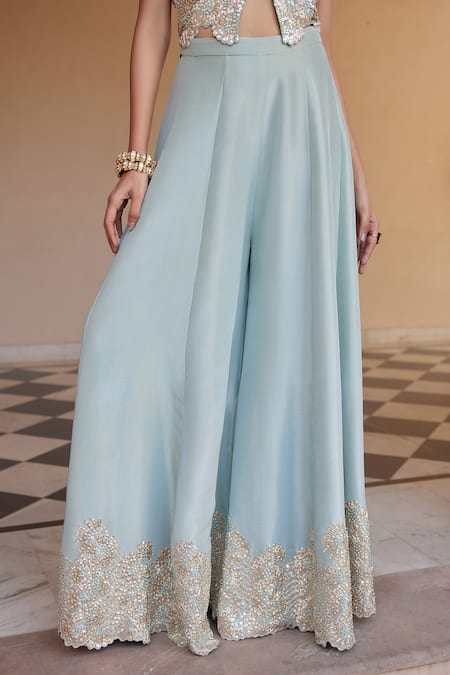Buy_Osaa By Adarsh_Blue Tissue, Silk Zari, Embroidery Halter Neck Top And Flared Pant Set _Online_at_Aza_Fashions