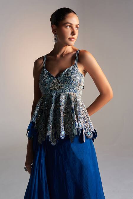 Osaa By Adarsh_Blue Organza Ruffles, Zari, Embroidery Petal Bloom Peplum Top And Skirt _Online_at_Aza_Fashions