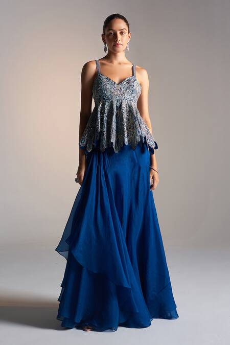 Buy_Osaa By Adarsh_Blue Organza Ruffles, Zari, Embroidery Petal Bloom Peplum Top And Skirt _Online_at_Aza_Fashions