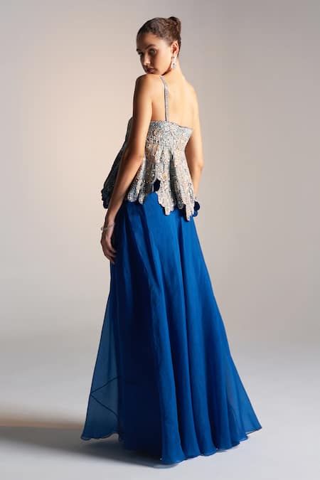 Shop_Osaa By Adarsh_Blue Organza Ruffles, Zari, Embroidery Petal Bloom Peplum Top And Skirt _at_Aza_Fashions