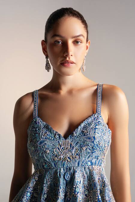 Shop_Osaa By Adarsh_Blue Organza Ruffles, Zari, Embroidery Petal Bloom Peplum Top And Skirt _Online_at_Aza_Fashions