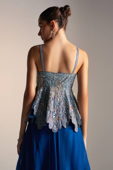 Osaa By Adarsh_Blue Organza Ruffles, Zari, Embroidery Petal Bloom Peplum Top And Skirt _at_Aza_Fashions