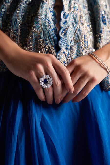 Buy_Osaa By Adarsh_Blue Organza Ruffles, Zari, Embroidery Petal Bloom Peplum Top And Skirt 