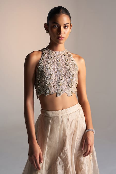Osaa By Adarsh_Beige Tissue Embroidery, Applique Halter Neck Petal Bloom Top And Ruffle Skirt _Online_at_Aza_Fashions