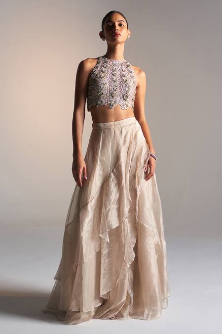 Buy_Osaa By Adarsh_Beige Tissue Embroidery, Applique Halter Neck Petal Bloom Top And Ruffle Skirt _Online_at_Aza_Fashions