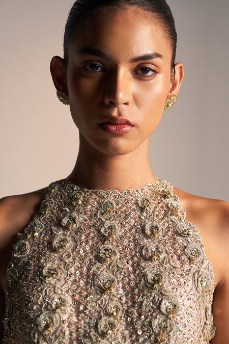 Shop_Osaa By Adarsh_Beige Tissue Embroidery, Applique Halter Neck Petal Bloom Top And Ruffle Skirt _Online_at_Aza_Fashions