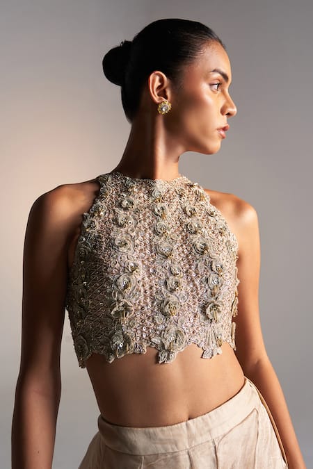 Osaa By Adarsh_Beige Tissue Embroidery, Applique Halter Neck Petal Bloom Top And Ruffle Skirt _at_Aza_Fashions