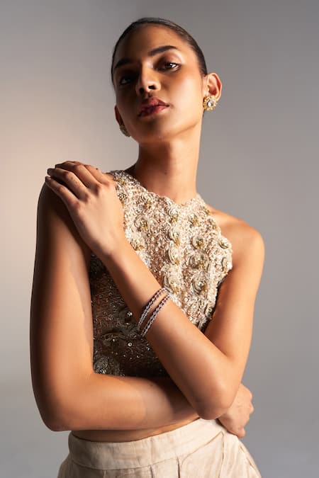 Buy_Osaa By Adarsh_Beige Tissue Embroidery, Applique Halter Neck Petal Bloom Top And Ruffle Skirt 